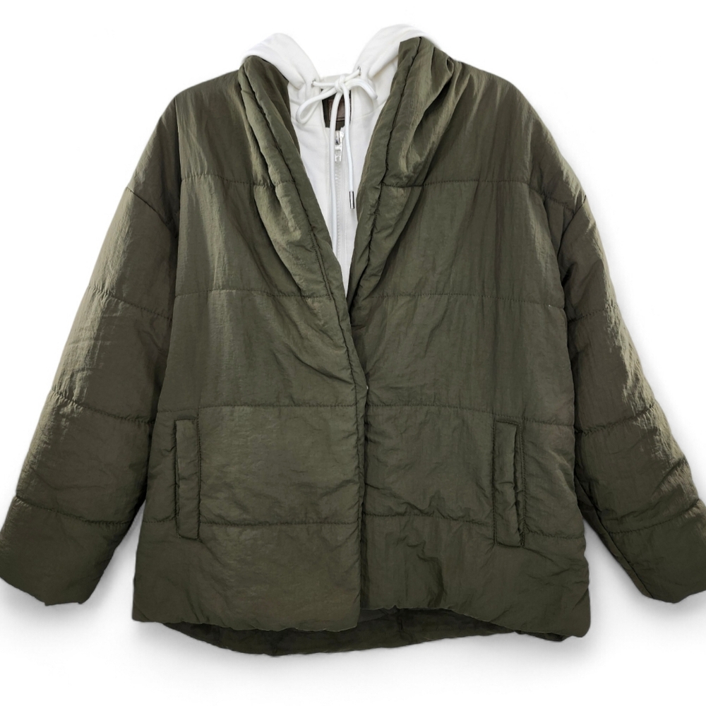 Blank NYC Fair Shake Olive Green Puffer Jacket White Cotton Removeable Hoodie - Picture 3 of 14